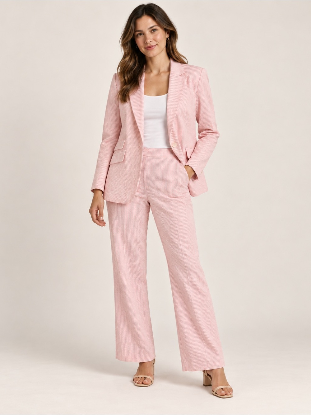 Bloomingdale’s Pink & White Seersucker Suit Set Blazer Pants Size 10